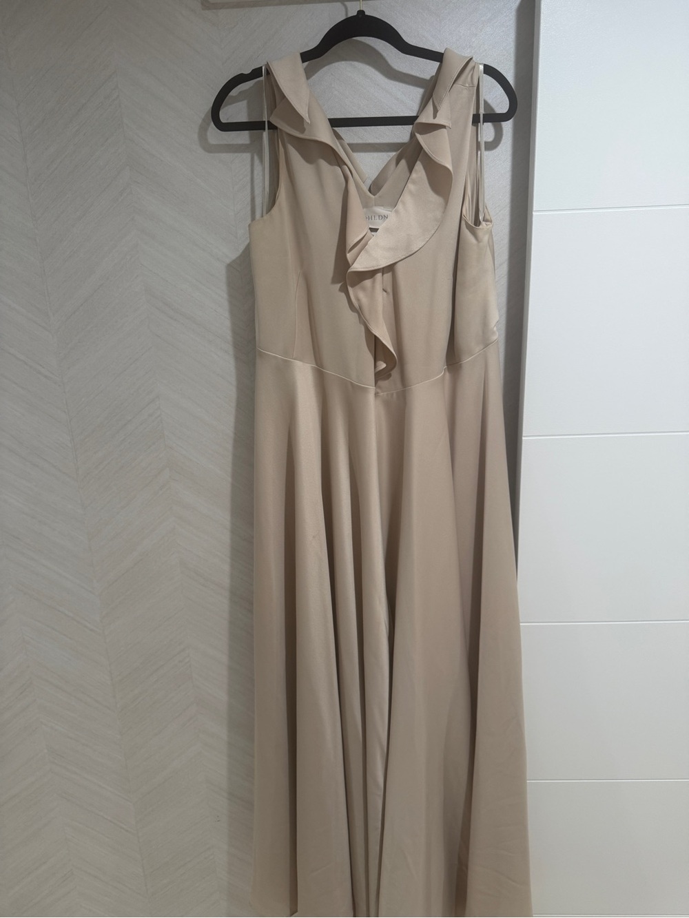 BHLDN Sleeveless Ruffle V-Neck Maxi Dress in Beige